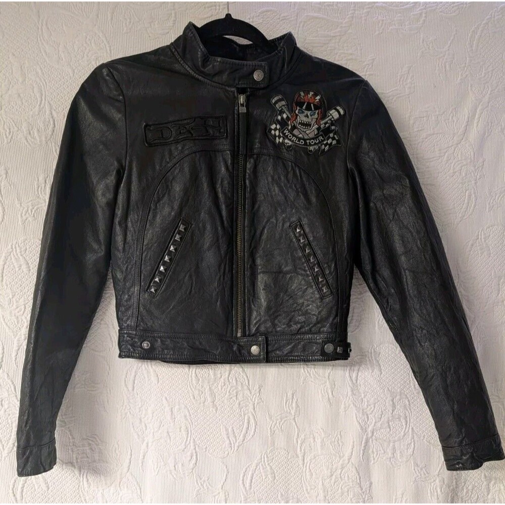 Ed Hardy by Christian Audigier Women's S Black Leather Jacket World Tour Skull